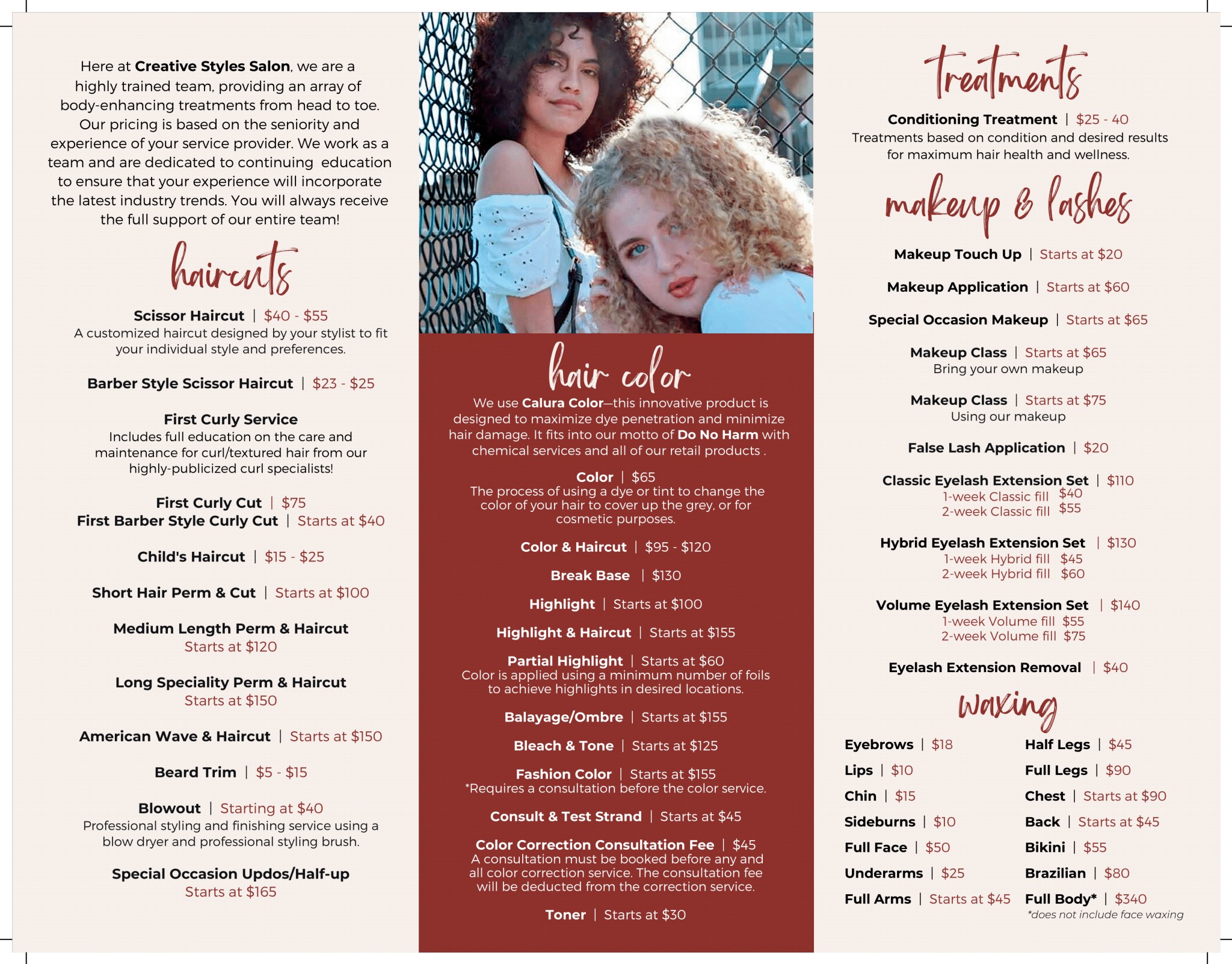 Hair Makeup Wax Menu